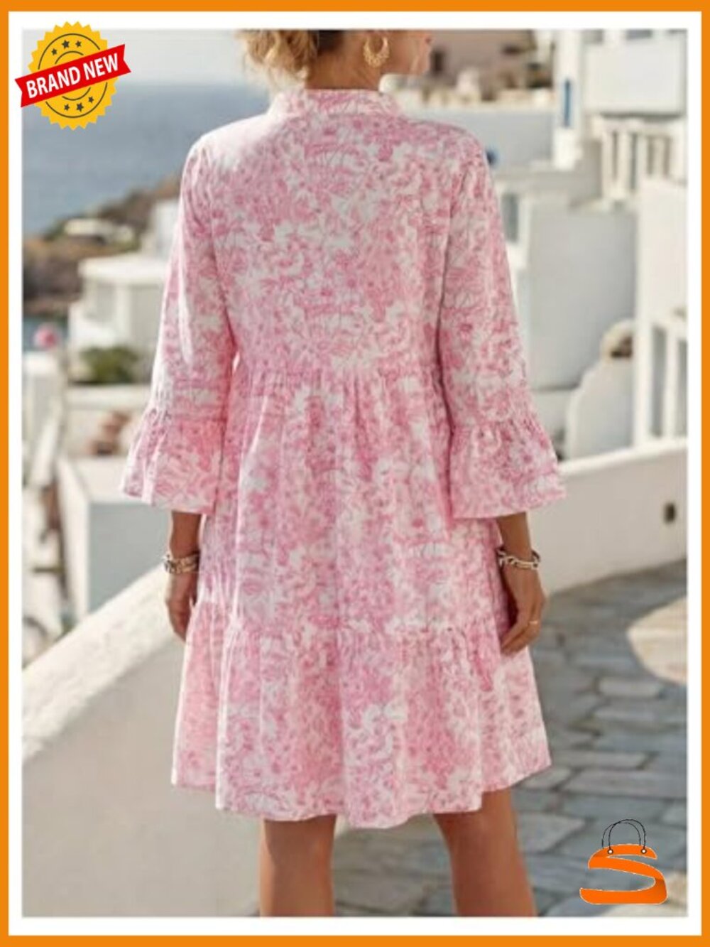 Floral V Neck Ruffle 3/4 Sleeve Swing Dress Flowy Beach Vacation Short Sundress - Picture 2 of 5